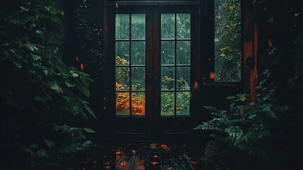 Wall Mural -   An open window in a dark room with abundant greenery surrounding it and a bench directly in front of it