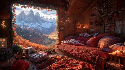 Wall Mural -   Large window and mountain view, cozy bed with blankets & pillows