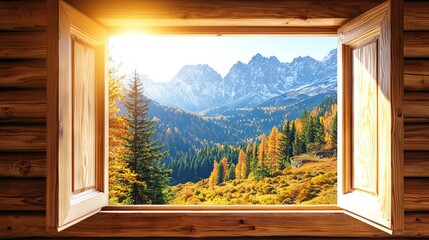 Poster -   Window view of mountain range with trees in foreground