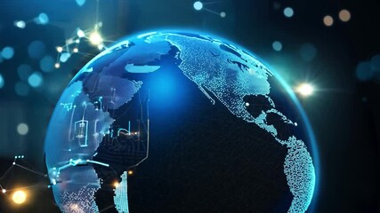 Poster - A vibrant digital globe displays geographic features and network connections illuminated in blue tones.