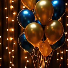 Elegant balloons, bokeh lights, festive mood, metallic gold and blue colors, dreamy atmosphere, bokeh background, party decoration, celebration concept