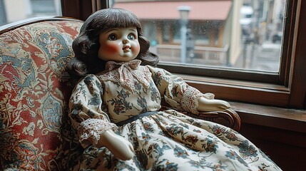 Poster -   A doll wearing a dress sits in a chair before a window, gazing at the bustling cityscape beyond