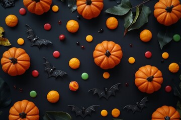 Canvas Print - Halloween flat lay with motifs on a black background in photorealistic 3D