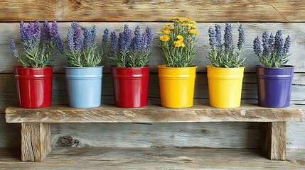 Poster -   Colorful pots on bench wall