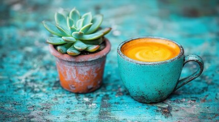 Sticker -   A close-up of a cup of coffee beside a potted plant on a blue and green tablecloth