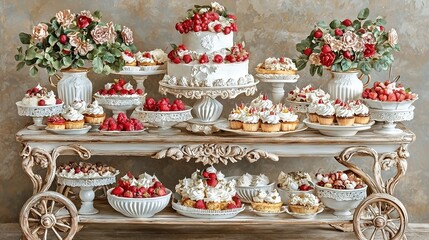 Poster -  A table of cakes and cupcakes adorned in frosting, strawberries, and flowers