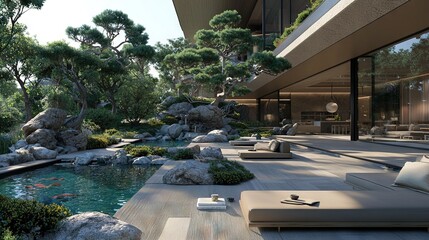 Sticker -   A stunning house with a pool surrounded by lush trees