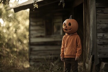 Wall Mural - Halloween mask costume of a child holding a spooky pumpkin