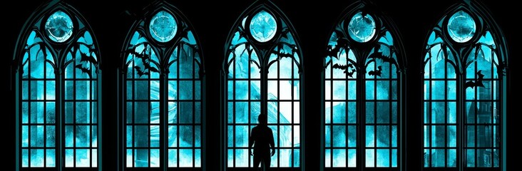 A Halloween banner with bats, a fallen angel, or a vampire, windows, and a moon