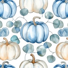 Canvas Print - The watercolor pumpkins seamless pattern is a hand-drawn autumn pumpkin on a fall background with floral twigs.