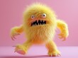 © DZMITRY - An animated yellow monster character walks or dances against a pink background. Fluffy plush toy. Man wears a halloween costume of a furry monster mascot.