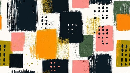 Poster -   An abstract artwork featuring a blend of black, yellow, pink, and green squares and dots set against a contrasting white and black backdrop