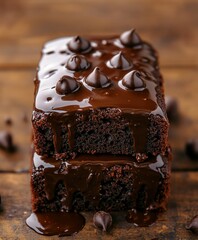 Wall Mural - Decadent chocolate cake slices topped with rich ganache on wooden table