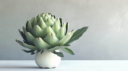 Poster - A vibrant artichoke on a white table showcases nature's elegance and intricate beauty.
