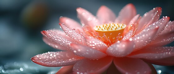 Wall Mural - Closeup of a dewy pink lotus flower, morning light, macro shot