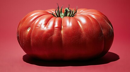 Poster -   A zoomed-in image of a massive red tomato on a light pink background, featuring a green stem protruding from its peak