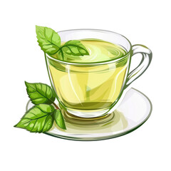 A cup of green tea with mint leaves on a saucer.