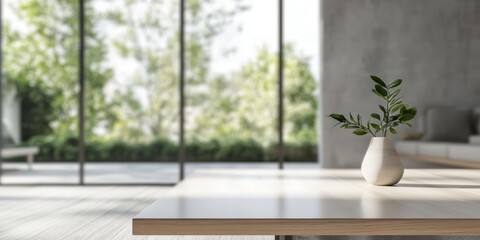 Wall Mural - This blurred image shows a stunning Scandinavian interior with large windows that flood the space with natural light, highlighting the minimalist design and a vase of greenery on a stylish table