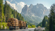 © yevhen89 - Truck carries timber along winding highway surrounded by towering mountains. Wood transportation