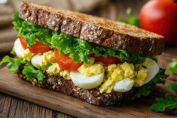 A vibrant and colorful egg salad whole grain sandwich, with lettuce and tomato