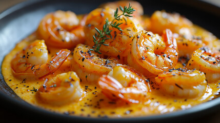 A plate of shrimp with a sauce on top