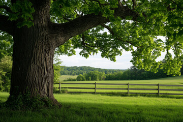 A large oak tree with green leaves stands next to an old wooden fence in the background, with grass and fields beyond, nature summer concept, calm and adorable background