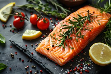 Wall Mural - Fresh Salmon Fillet with Herbs, Tomatoes, and Lemon on Slate Board for Gourmet Cooking and Food Photography