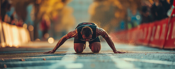 a weary marathon runner collapses in exhaustion at the finish line, capturing a powerful moment of d