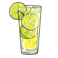 Wall Mural - Hand-drawn illustration of a tall glass filled with lemon slices and a bubbly yellow beverage.