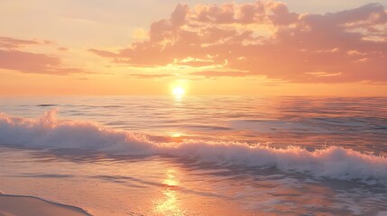 Sticker - A tranquil painting of a coastal sunset, where warm hues of orange, pink, and gold blend seamlessly across the sky and reflect off the gentle waves of the sea.