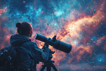 Wall Mural - an astronomer peering through a telescope at a distant galaxy, struck by its beauty. concept of cosm