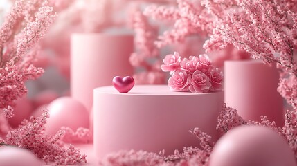 Canvas Print - Pink heart on a podium surrounded by delicate pink flowers and balloons.