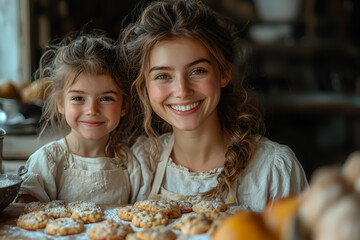 Canvas Print - A mother laughing with her children as they bake cookies together, sharing love through baking. Concept of family traditions. Generative Ai.