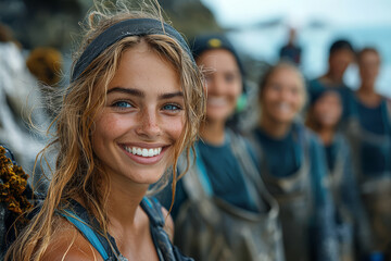 Sticker - A group of volunteers smiling as they clean up a beach, finding fulfillment in giving back. Concept of community service. Generative Ai.