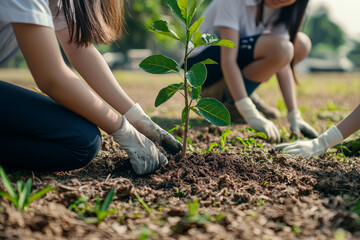 Poster - a group of students planting a tree on school grounds, learning about environmental stewardship. con