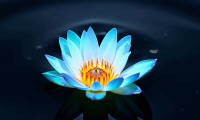 Poster - Beautiful blue lotus flower blooms gracefully on serene water surface, reflecting sunlight and creating ripples in a tranquil setting. Generative AI