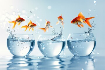 Goldfish leaping from a water bowl, chaotic and playful scene