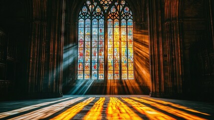   Sunlight filters through a tinted glass window and illuminates the floor below a grand stained glass window in a church