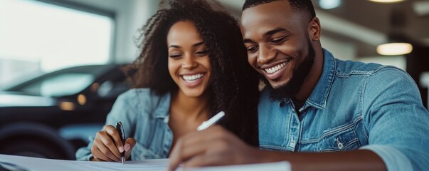 A young couple smiling as they sign final paperwork, capturing a moment of happiness and partnership in a modern office setting.