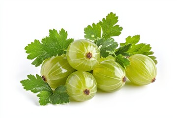 A cluster of green gooseberries with fresh leaves on a white background.