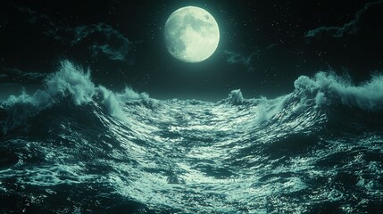 Sticker -   A picture of the moon above the water with waves in the foreground and the moon in the backdrop