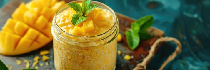 Sticker - Mango Sago Delight is a delicious dessert made with rich mango puree, soft sago pearls, and creamy coconut milk, topped with fresh mango slices.