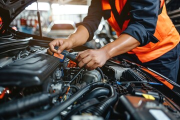 Poster - A person in an orange vest is tinkering with the car engine, showing hands-on approach to maintenance and repair