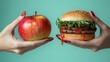 © KADER - Two Hands Holding an Apple and a Hamburger with Ketchup Dripping - Photorealistic Image Against Blue Background in Hyperrealistic Painting Style