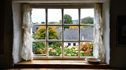 Wall Mural -   A picture shows a window with a vase of flowers in the foreground and a house in the background, viewed from above on a window sill