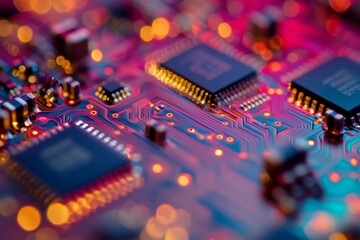 Poster - This image features a detailed closeup of a microchip, allowing viewers to appreciate the intricate circuitry and vibrant colors that represent the leading edge of modern electronic technology today