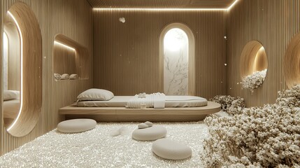 Wall Mural -   A bedroom with a bed, window, white rugs on the floor