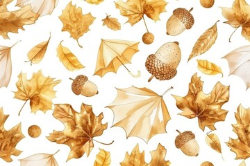 Wall Mural - Close-up shot of a few leaves and acorns on a plain white surface