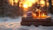 © Olga - A bottle of oil sits atop a towel beside two donuts perched upon a mound of snow