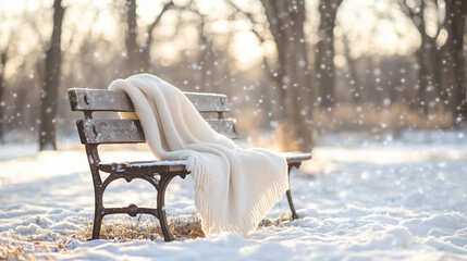 white blanket on bench in snowy park